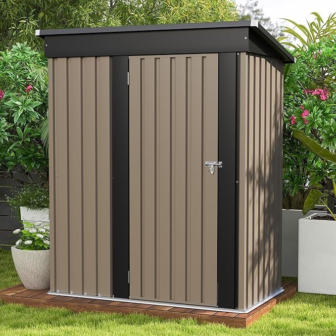 Patiowell 5×3 FT Outdoor Storage Shed, Tool Shed with Sloping Roof and Lockable Door, Metal Shed for Backyard Garden Patio Lawn, Brown