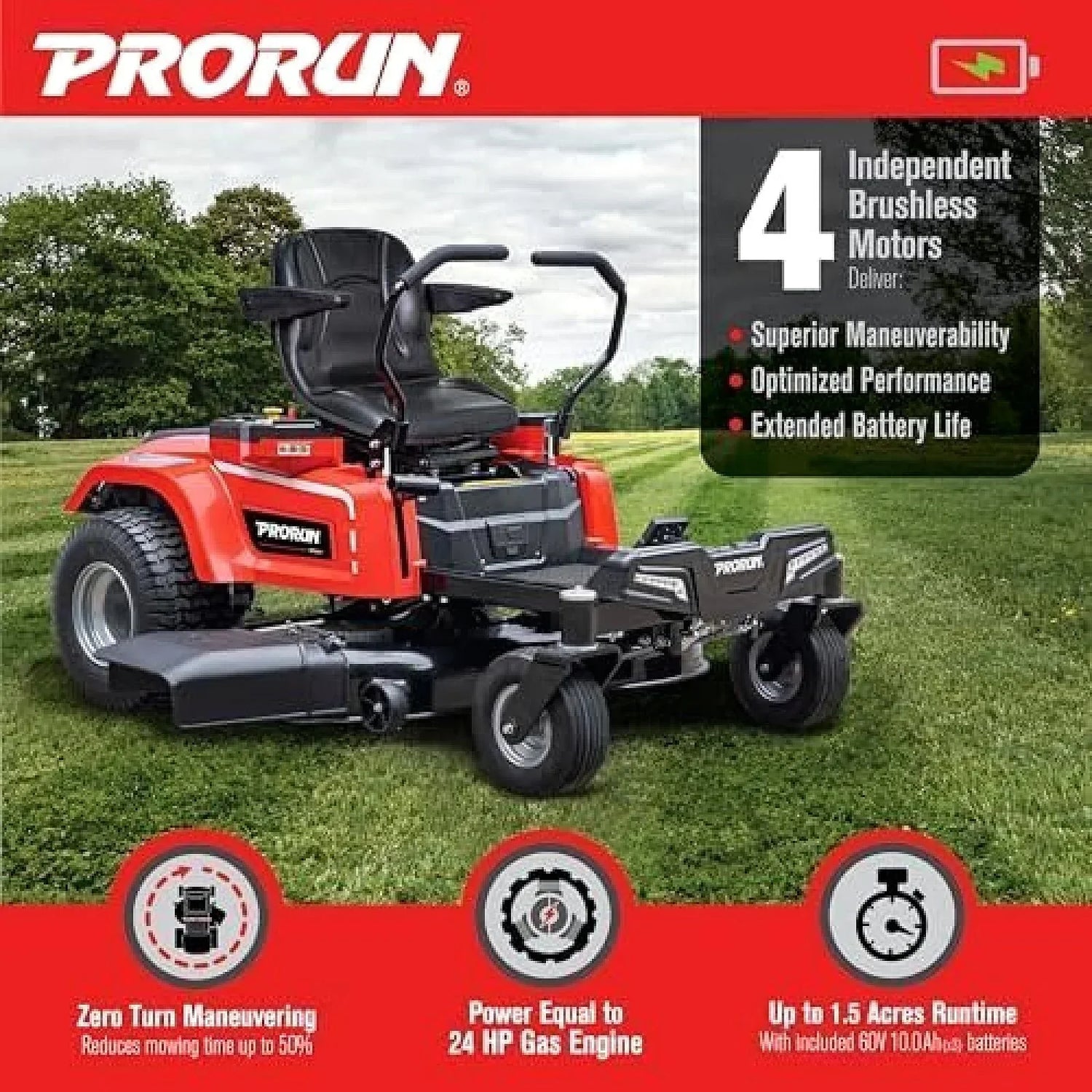 PRORUN PZT60V42 60V 42-inch Brushless Electric Zero Turn Riding Lawn Mower