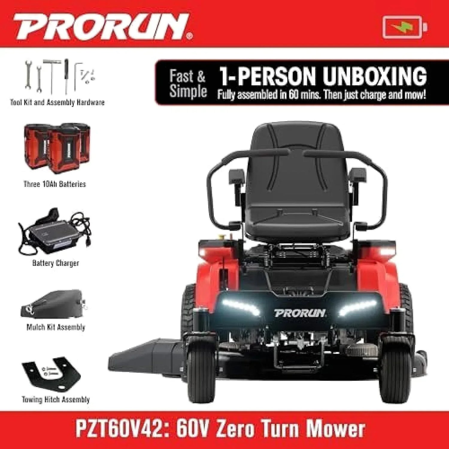 PRORUN PZT60V42 60V 42-inch Brushless Electric Zero Turn Riding Lawn Mower