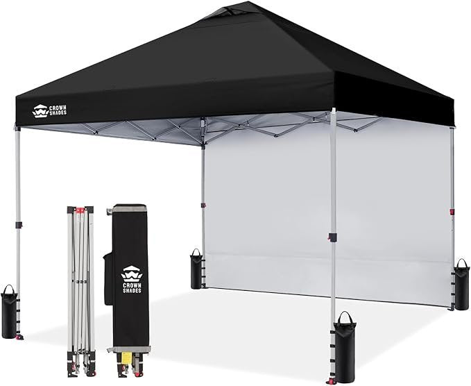 CROWN SHADES 10×10 Pop Up Canopy with 1 Side Wall – Beach Tent with One Push Setup – Outdoor Sun Shade for Events, Parties, Camping – Gazebo with STO-N-Go Cover Bag (Black)
