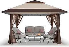CROWN SHADES 13×13 Pop Up Gazebo, Canopy Tent, Gazebos on Clearance – Outdoor Gazebo for Backyard & Patio Furniture – Carpa Pop Up Tent with Wheeled STO-N-Go Cover Bag (Beige & Coffee)