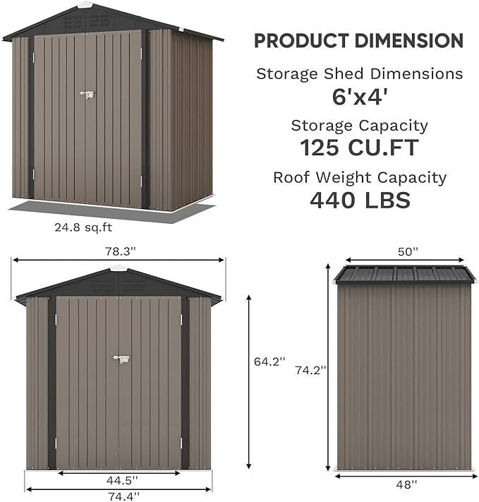 Patiowell 6×4 FT Outdoor Storage Shed, Garden Tool Storage Shed with Sloping Roof and Double Lockable Door, Outdoor Shed for Garden Backyard Patio Lawn, Brown