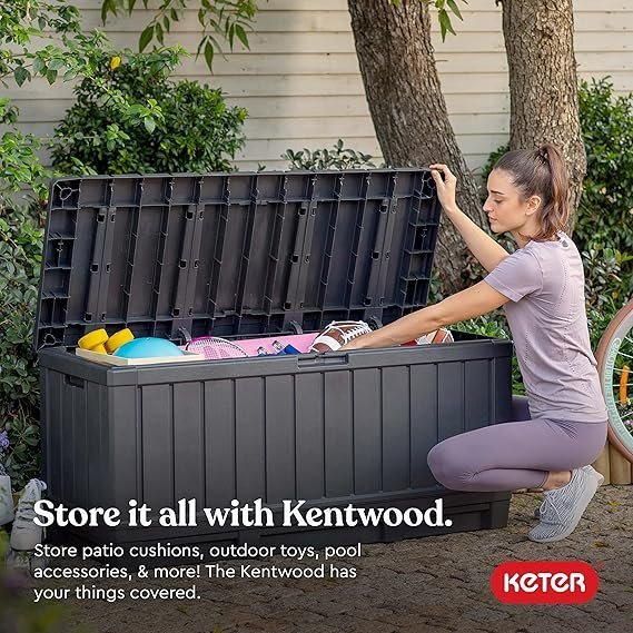 Keter Kentwood 92 Gallon Resin Deck Box-Organization and Storage for Patio Furniture Outdoor Cushions, Throw Pillows, Garden Tools and Pool Floats, Dark Grey