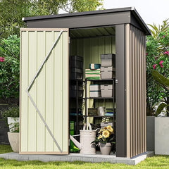 Patiowell 5×3 FT Outdoor Storage Shed, Tool Shed with Sloping Roof and Lockable Door, Metal Shed for Backyard Garden Patio Lawn, Brown