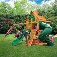 Gorilla Playsets Mountaineer Treehouse Wooden Swing Set with Tube Slide