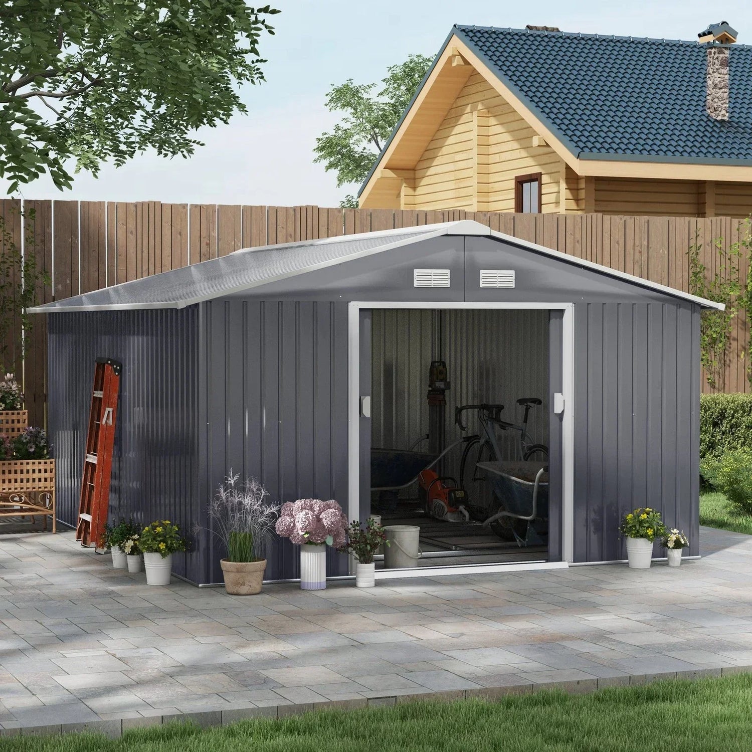 Outsunny Outdoor Storage Shed Dark Gray 11’×13′ Galvanized Steel