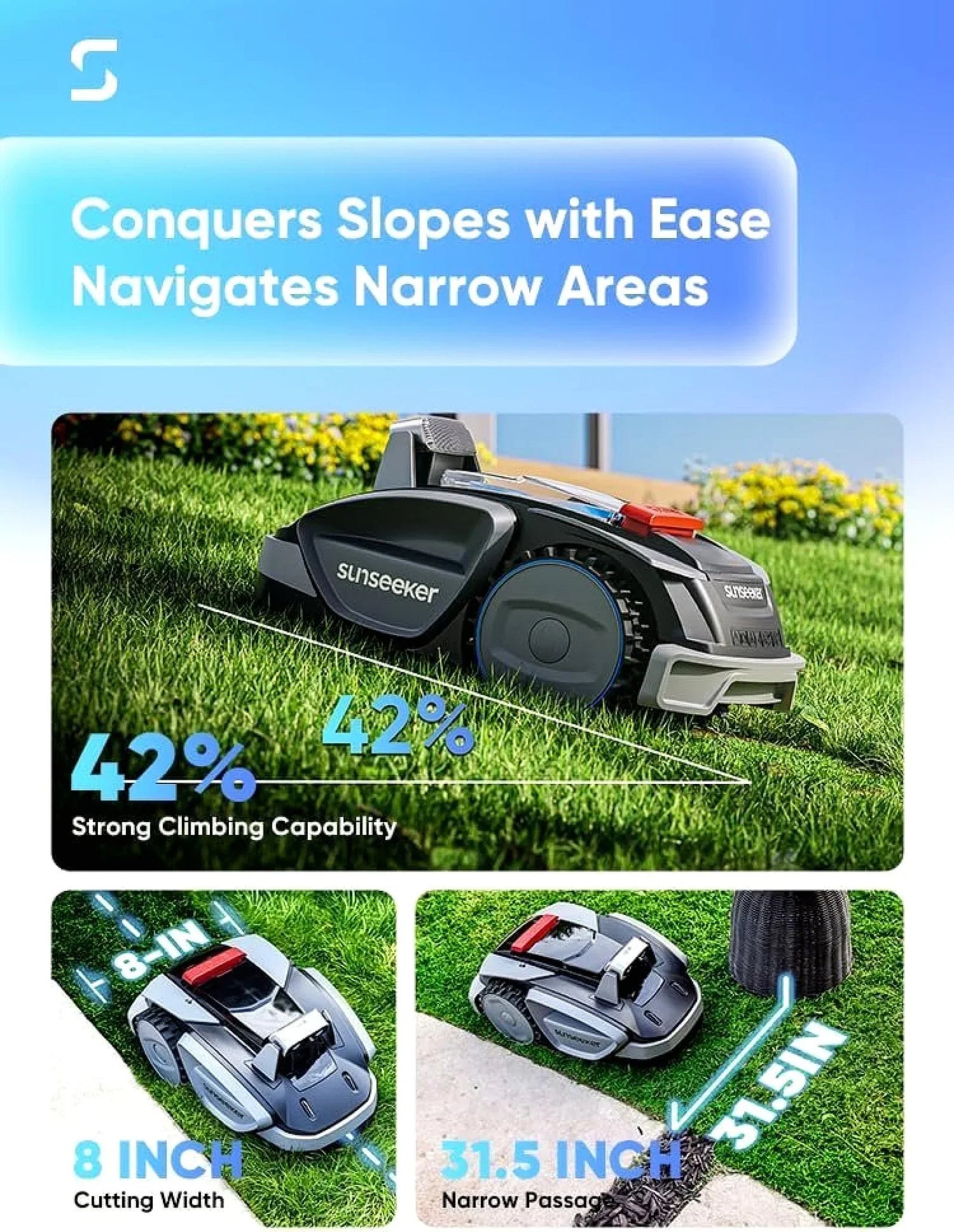 Sunseeker V3 Robotic Lawn Mower with AI Vision and Wireless Smart Navigation