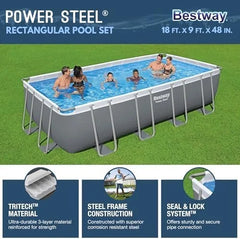 Bestway Power Steel 18′ x 9′ x 48″ Rectangular Metal Frame Above Ground Outdoor Swimming Pool Set with 1,500 GPH Filter Pump, Ladder, and Pool Covers