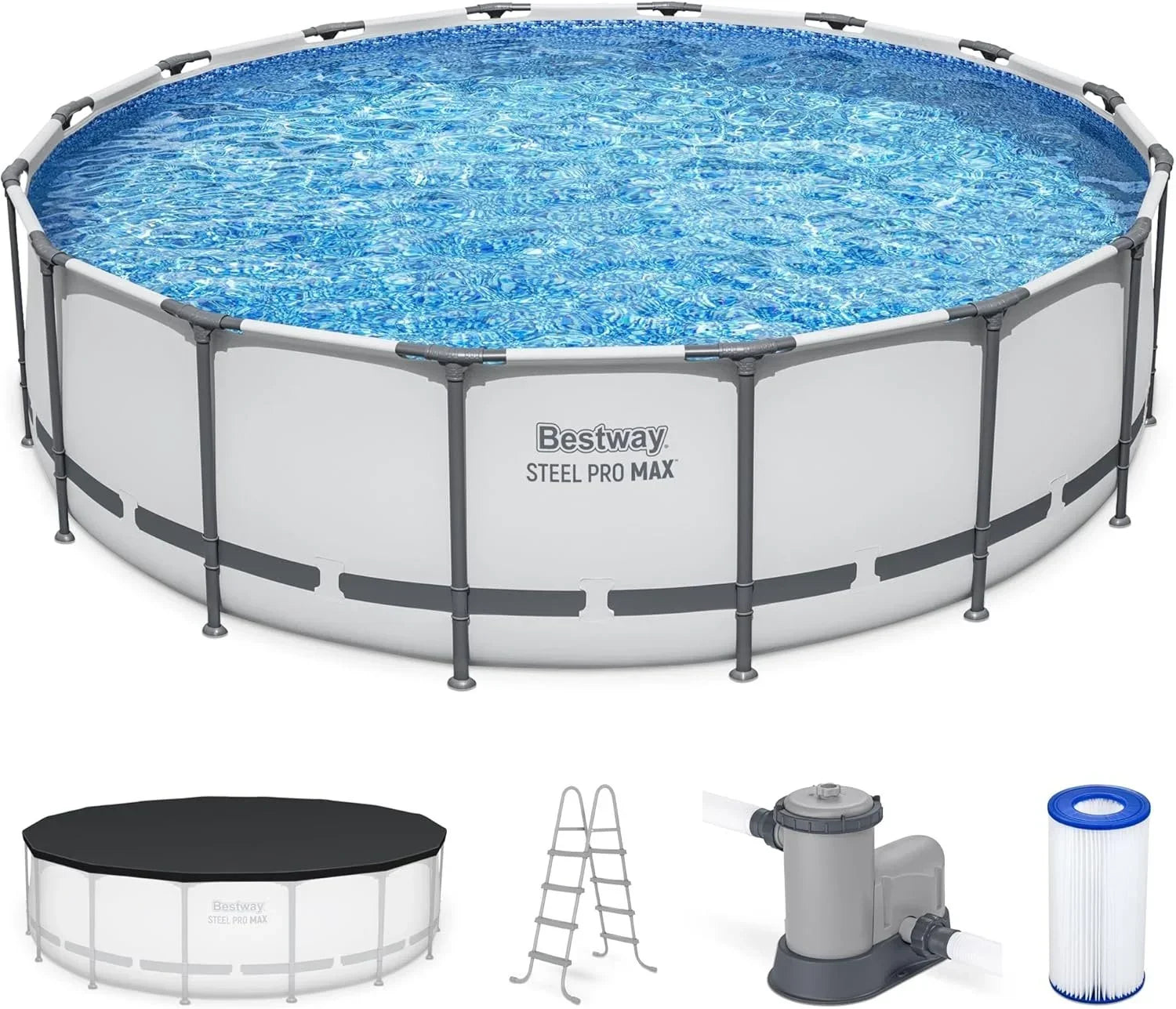 Bestway Steel Pro MAX 16 Foot x 48 Inch Round Metal Frame Above Ground Outdoor Swimming Pool Sets